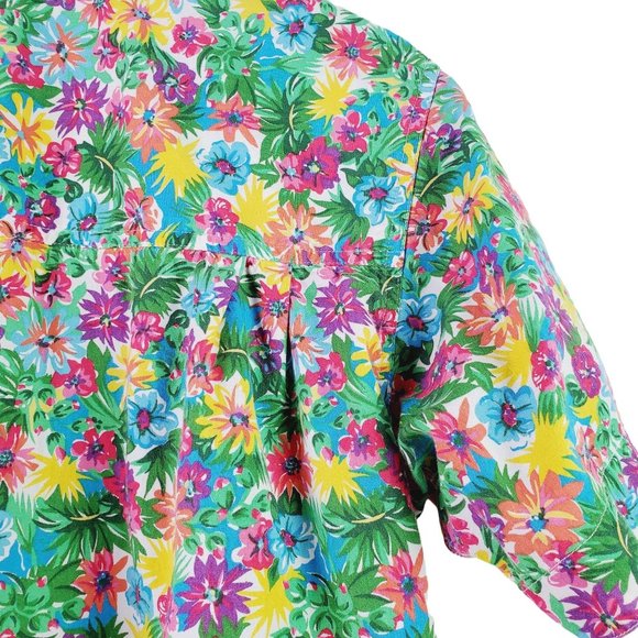 Vintage LizSport Petite Neon Floral Silver Button Summer Blouse, Sz PM - Picture 6 of 10